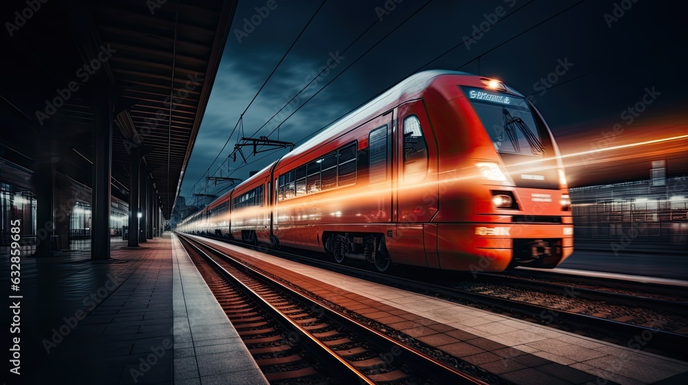 Fototapeta premium Rrain at night in a city driving in motion with light trails at a railway station