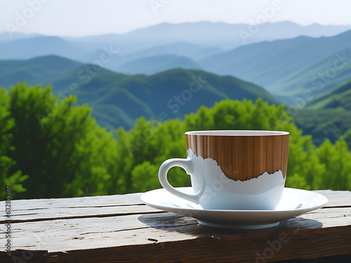 Coffee cup on wooden table over green mountain landscape background.