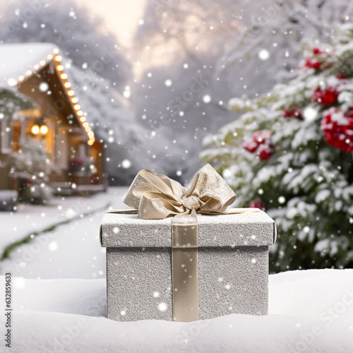 Christmas holiday gift and present  gift box in the snow in snowfall winter countryside nature for boxing day  holidays shopping sale