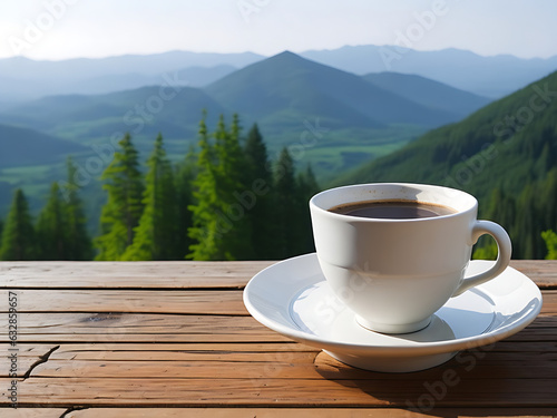 Coffee cup on wooden table in front of beautiful mountain landscape view