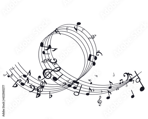 Flow of flying black notes on stave. Musical symbols for banner of festival, print design, melody recording, design back layers. Template musical notation symphony signs, notes for sound tune music