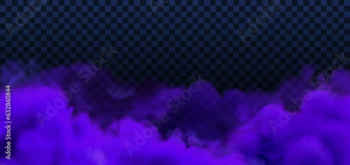 Purple Halloween transparent background. Vector magic smoke or fog background isolated. Violet realistic sky cloud effect