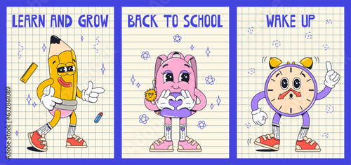 Set 3 posters with school supplies groovy characters in gloves with quotes in flat retro classic cartoon style of 60s 70s. Pencil, bagpack, clock. Back to school.