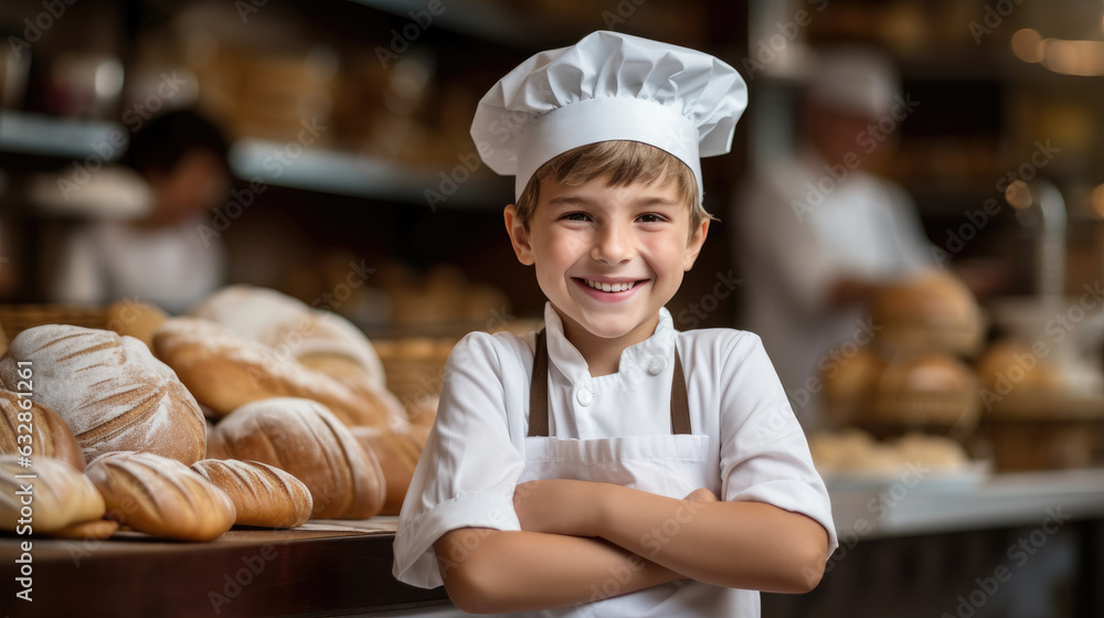 Photography of a pleased, child boy that is baking delicious pastries wearing a chef's hat and apron against a bakery background. Generative AI Photography of a pleased, child boy that is baking delicious pastries wearing a chef's hat and apron against a bakery background. Generative AI