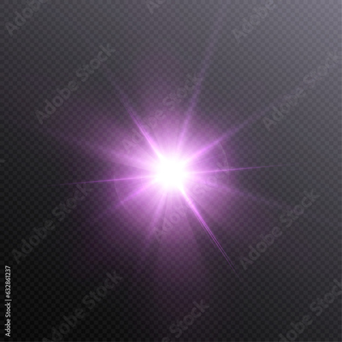 The bright sun shines with warm rays, vector illustration Glow of a purple star on a transparent background. Flash of light, sun, twinkle. Vector for web design and illustrations.