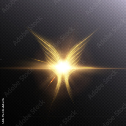 Golden glowing angel wings on a transparent background. phoenix wings light effect vector