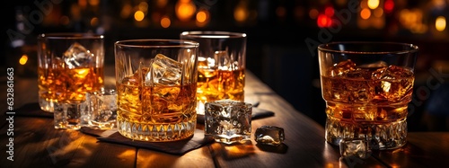 Glasses of whiskey at the bar.