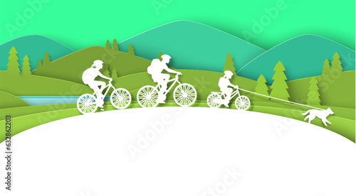 Family bike travel paper cut craft style vector illustration