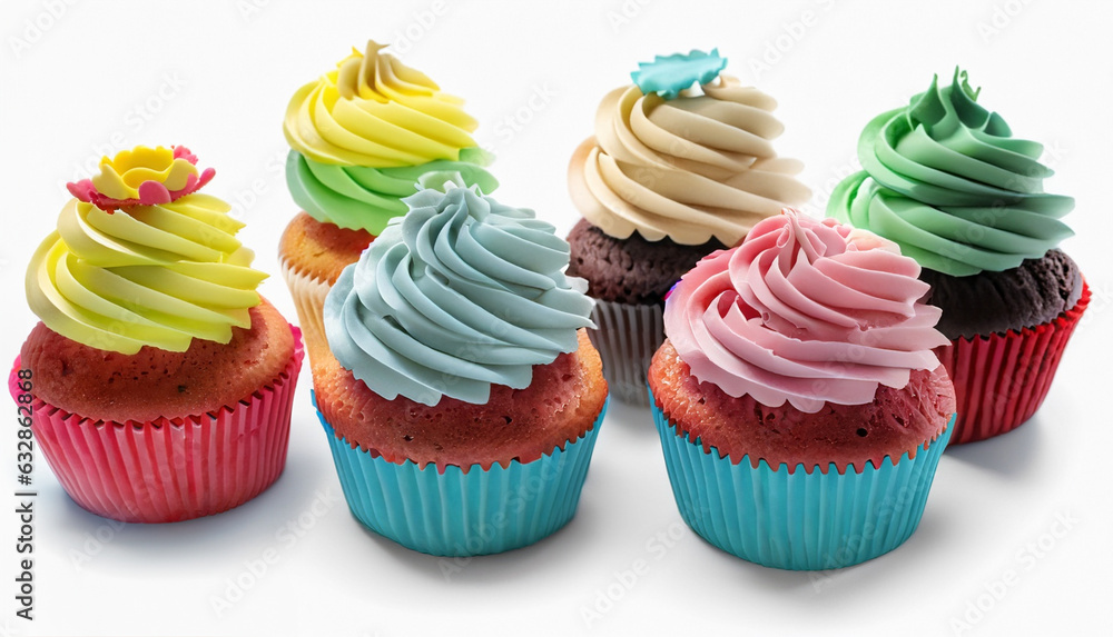 Colorful cupcake isolated on white. Delicious cupcake with frosting