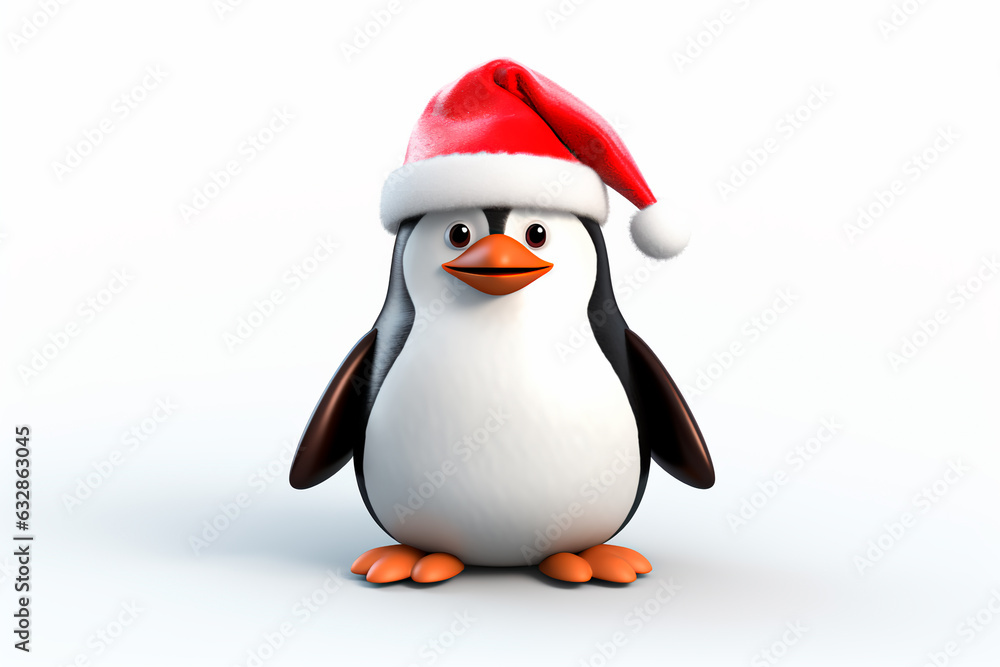 Fototapeta premium A Christmas penguin in a New Year's costume on a white background. New Year, Christmas background