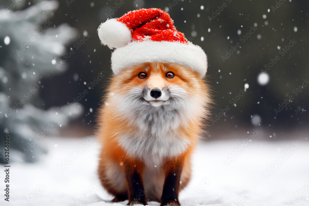 A Christmas fox in a New Year's costume on a white background. New Year, Christmas background A Christmas fox in a New Year's costume on a white background. New Year, Christmas background