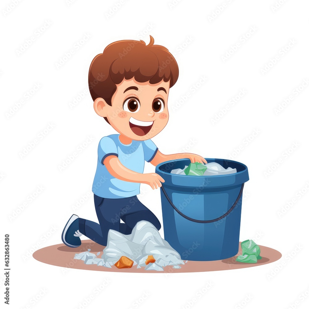 The boy cleaning the trash cartoon illustration, AI generated Image The boy cleaning the trash cartoon illustration, AI generated Image