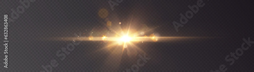 The effect of bright sunlight. Twinkling gold star on a transparent background.Bright light effect.	