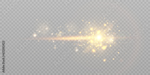 The effect of bright sunlight. Twinkling gold star on a transparent background.Bright light effect.	