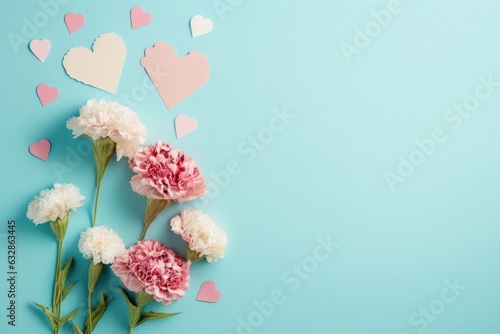  Mother's Day gift idea concept. Top view flat lay photo of carnation flowers, and pink paper hearts on pastel blue background with empty space for text or, Generative AI 