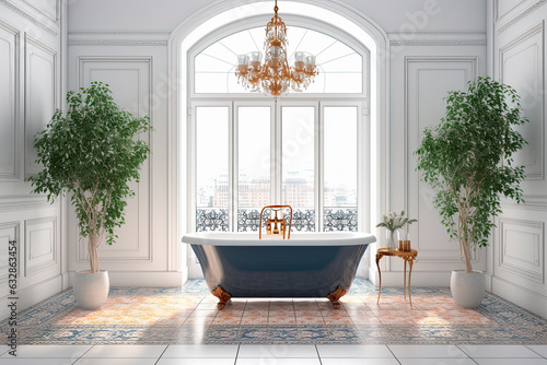 cuarto de baño clásico en edificio antiguo con techos altos, con bañera azul con patas y lamparas lujosas. ilustracion de ia generativa photo