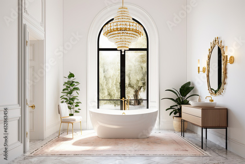 cuarto de baño clásico en edificio antiguo con techos altos, con bañera blanca con patas y lamparas lujosas. ilustracion de ia generativa photo