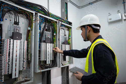 Φωτογραφία Electrical Engineer team working front control panel, An electrical engineer is installing and using a tablet to monitor the operation of an electrical control panel in a factory service room