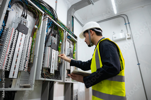 Electrical Engineer team working front control panel, An electrical engineer is installing and using a tablet to monitor the operation of an electrical control panel in a factory service room..