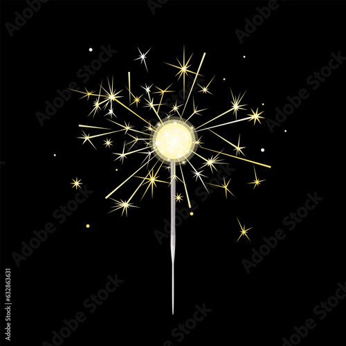 Sparkler or bengal fire isolated on black background. Vector cartoon flat illustration.