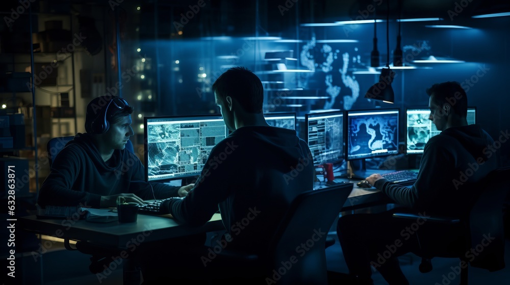 Late Night Coding: Men Working at Computers in Dimly Lit Room, Generative AI Late Night Coding: Men Working at Computers in Dimly Lit Room, Generative AI