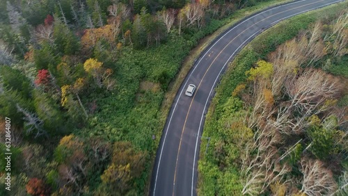 知床峠を走る車の空撮 | 北海道