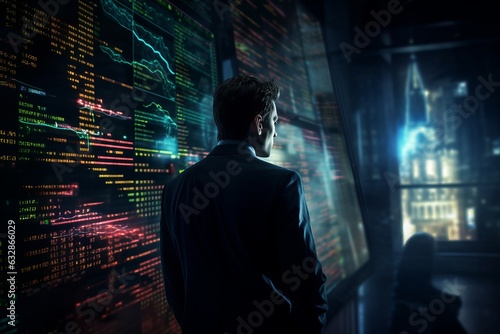 Businessman Analyzing Stock Trading Chart on Digital Screen, Generative AI