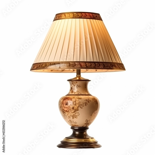 Vintage country style antique table lamp with a beautiful lampshade design isolated on white background, interior design and cottage home decor, post-processed, generative ai