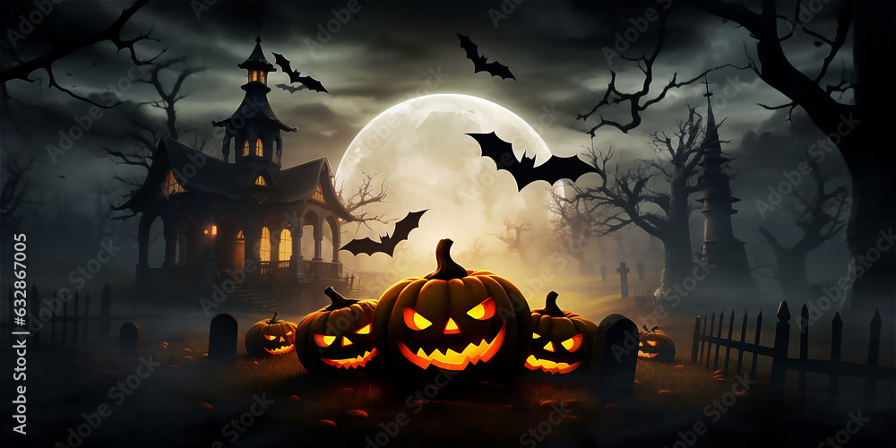 halloween pumpkins in a spooky setting with bats flying and the full moon in the background