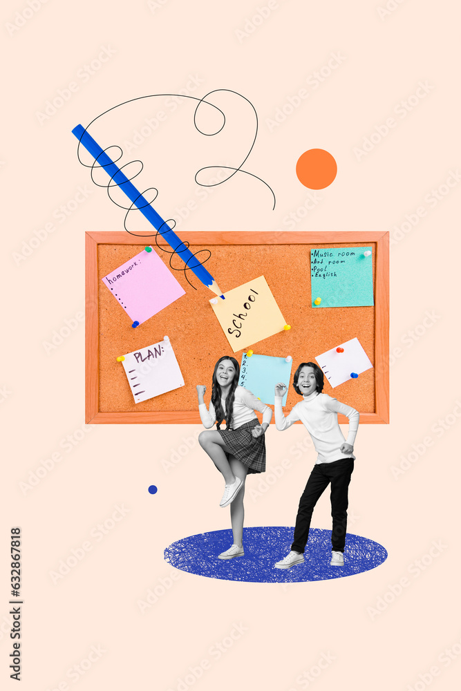 Vertical collage of two excited mini black white colors friends raise fist achievement big pencil write planning board isolated on beige background Vertical collage of two excited mini black white colors friends raise fist achievement big pencil write planning board isolated on beige background