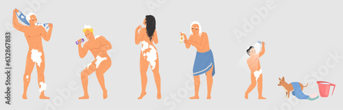 Set of different people character and pet taking shower