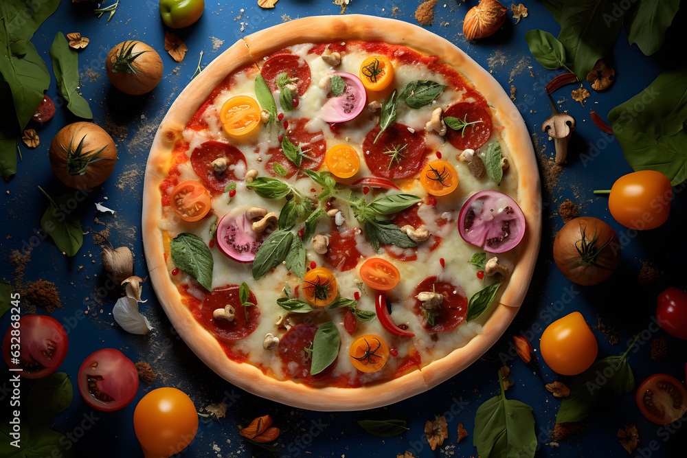 3d render of pizza cut out and placed, top view, photo-realistic style