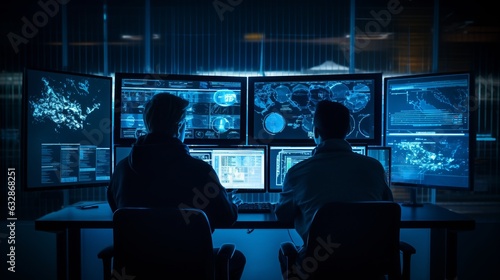 Two Men Engrossed in Technology: Dark Room with Computer Screens, Generative AI