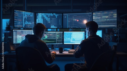 Two Men Working on Computer Screens at Night - Technology, Collaboration, and Productivity, Generative AI