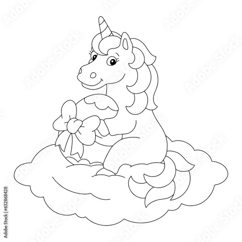 Coloring book page for kids. Cute unicorn and easter egg. Cartoon style character. Vector illustration isolated on white background.