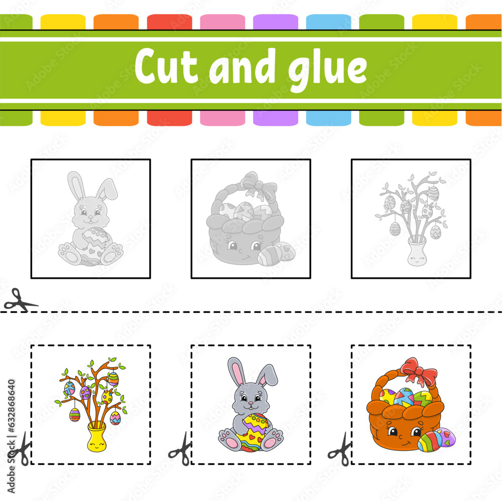 Cut and glue. Game for kids. Education developing worksheet. Color activity page. cartoon character. Vector illustration.