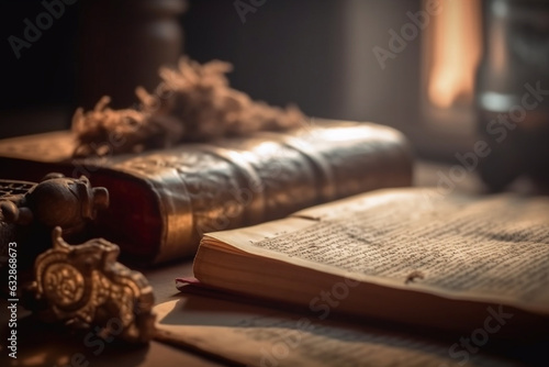 Ancient religious scriptures on a wooden table, Religion, bokeh 