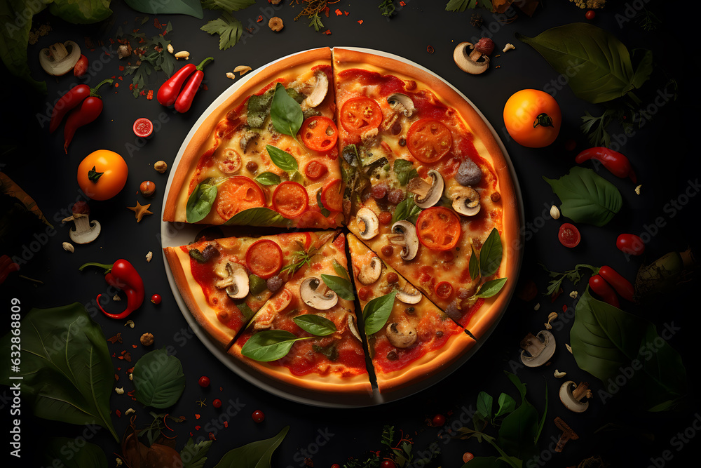 3d render of pizza cut out and placed, top view, photo-realistic style