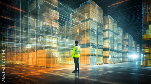 Warehouse Worker in a Digital Warehouse with Virtual Shelf, Generative AI