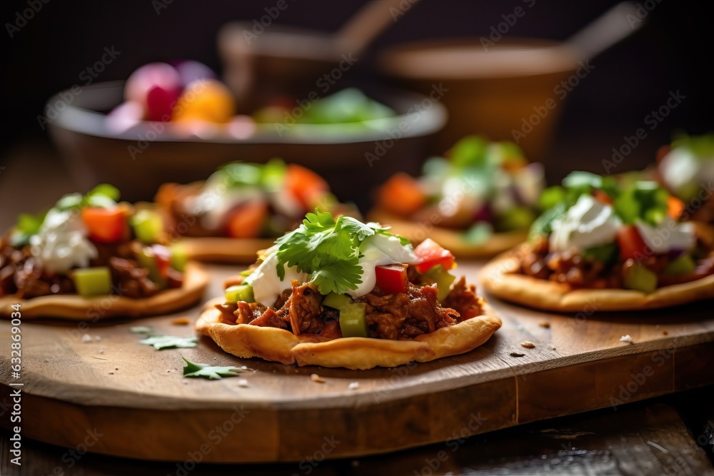 Mexican tacos with beef and vegetables on wooden board, closeup Mexican tacos with beef and vegetables on wooden board, closeup