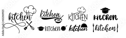 Kitchen. Vector logo set. Design for poster, flyer, banner, menu cafe. Hand drawn calligraphy quote text. Typography kitchen logo icons. Signboard kitchen word.