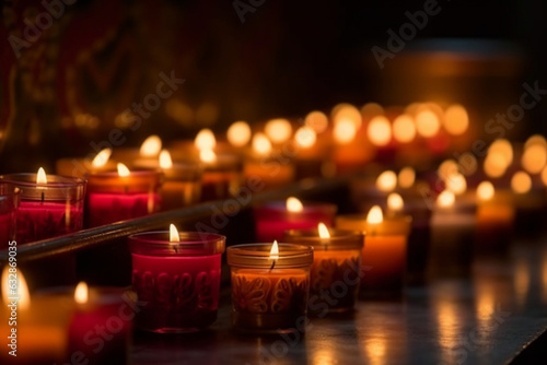 A row of lit candles in a Hindu temple  Religion  bokeh 