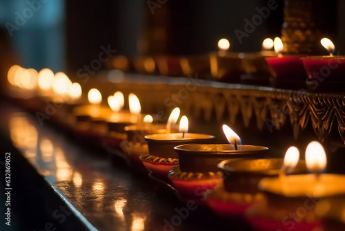 A row of lit candles in a Hindu temple, Religion, bokeh 