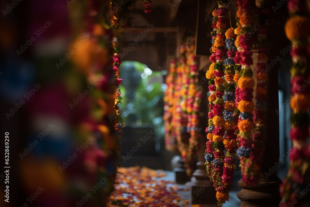 A Hindu shrine adorned with colorful flower garlands, Religion, bokeh 