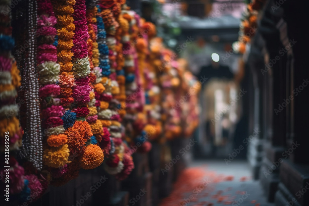 A Hindu shrine adorned with colorful flower garlands, Religion, bokeh 