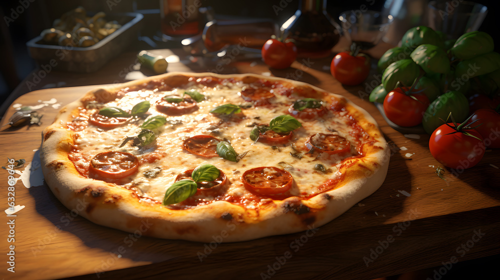 Pizza with mozzarella cheese, basil and tomatoes photo