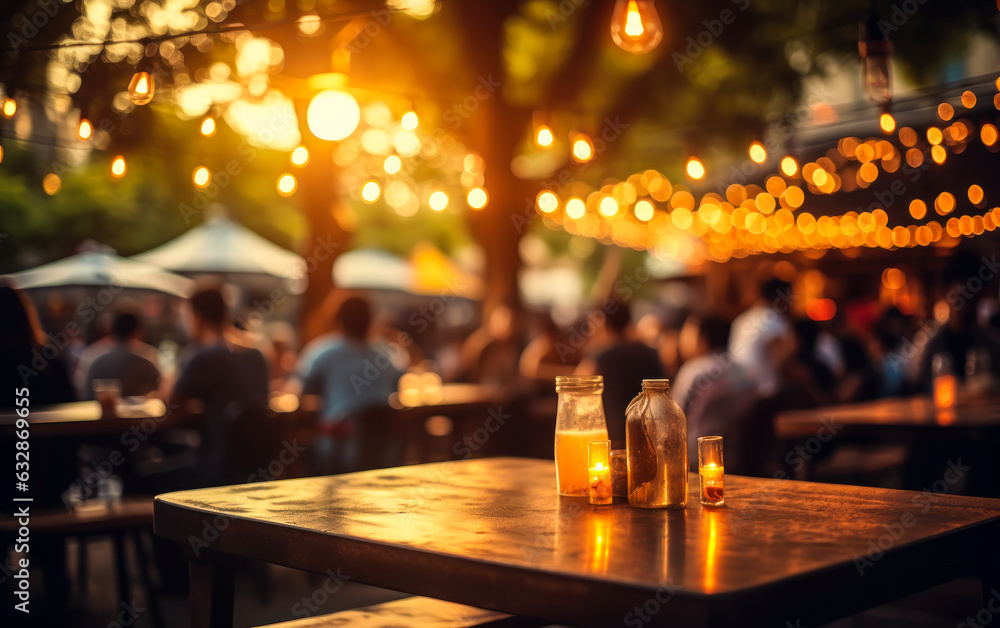 Nightlife Scene: Outdoor Beer Restaurant with Bokeh Background