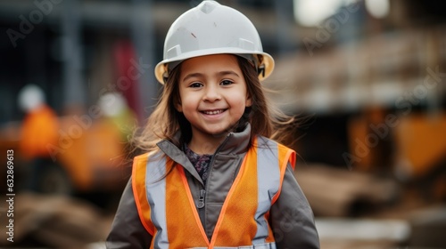 Photography of a pleased, child girl that is building a structure wearing a construction worker's uniform against a construction site background. Generative AI © piai
