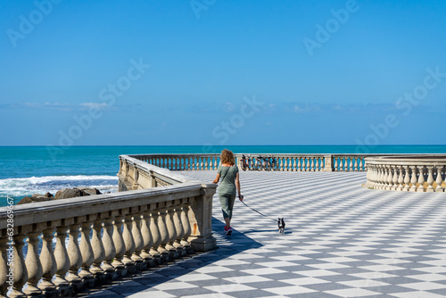 Fototapeta Naklejka Na Ścianę i Meble -  woman with dog on the Terrazza Mascagni in Livorno, italy