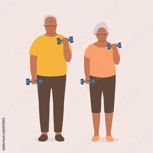 Smiling Senior Black Couple Lifting Dumbbells For Strength Training Exercises. Full Length.